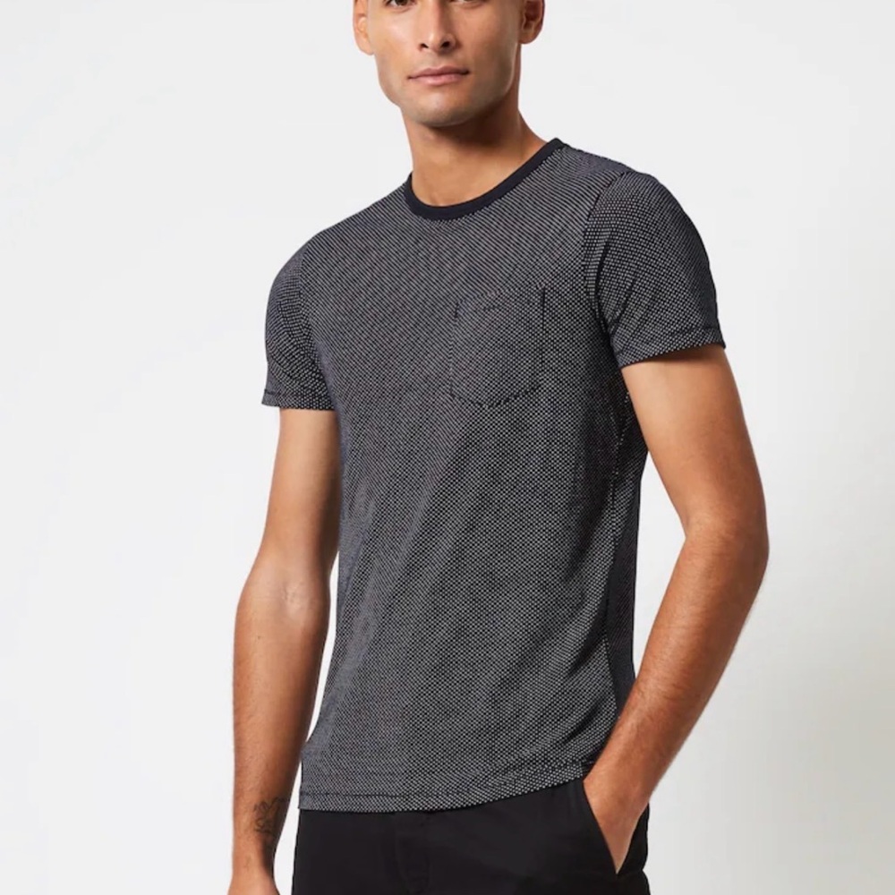 French Connection Men’s Cotton Crew Neck T-Shirt NWT Navy Microdot, Size Large